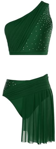 Yhong Damen Lyrische Tanz Kostüme Zweiteilige Crop Top Und Asymmetrischer Rock Ballettanzug Moderne Dance Outfit Trainingsanzug Grün S