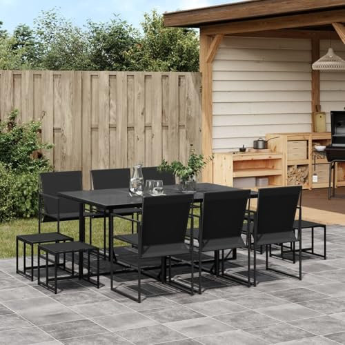 Homgoday Set da pranzo da giardino 11 pezzi textilene nero, sedia seduta poltrona tavolo cucina esterno terrazza patio balcone mobili