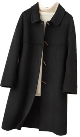 Abrigo de longitud media para mujer, con botones de cuerno de botonadura simple, abrigo de lana, cuello Peter Pan, Negro, XL