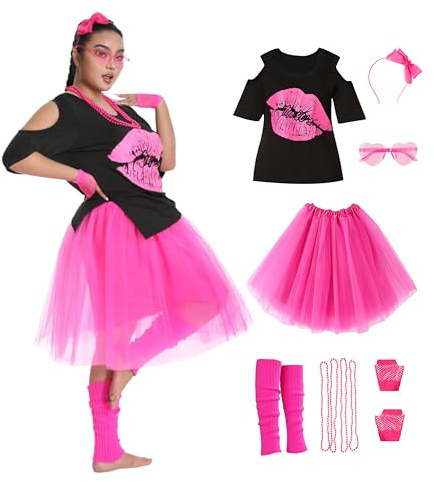 Seawhisper 80er 90er Jahre Outfit Damen Große Größen Neon Party Outfit Bad Taste Kleidung Faschingskostüme Übergröße Karnevalskostüme Rosa 54-56