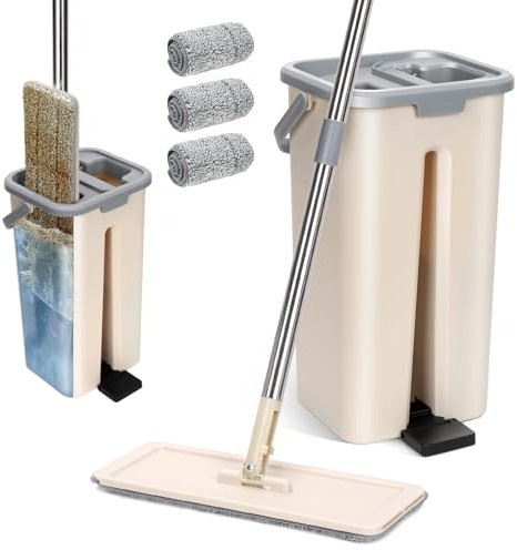 Masthome Mocio Lavapavimenti e Secchio Strizzatore, Mocio Piatto con Secchio a 2 Scomparti, Mop a Mani Libere con 3 Panni in Microfibra, Set Lavapavimenti per Pulire Pavimenti Casa (Beige)