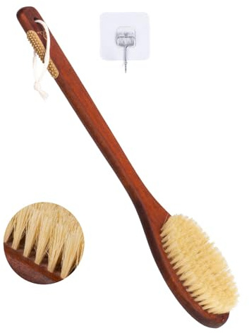 Wooden Bath Brush with Stiff Sisal Bristles Long Handle for Shower Back Scrubber Body Exfoliator, with Hook for Hanging (Stiff Sisal Hair)