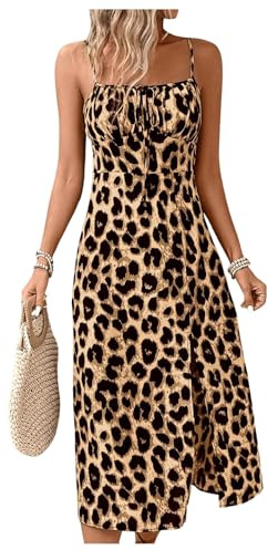 SweatyRocks Leichtes Sommerkleid Damen Lang Leoparden Kleid Sexy Kleid Mit Schlitz Sommer Rüschenkleid Strandkleid Maxikleid Leo Trägerkleid Braun L