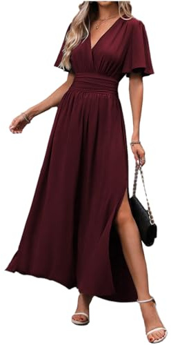 LUVCES Femme Robe Elegante Col en V Taille Haute Robe Longue d'été Plissée Manches Papillon Fente Latérale Froncée Robes pour Soirée Mariage Fête Bordeaux S