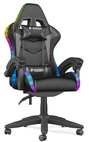 Racingreat LED Gaming Stuhl mit RGB-Lichtleiste (Schwar) | Gaming Chair RGB, Kopfstütze Lendenwirbelstütze, Höhenverstellbar 90°–135° Neigungswinkel, Junge Erwachsene Büro Pause
