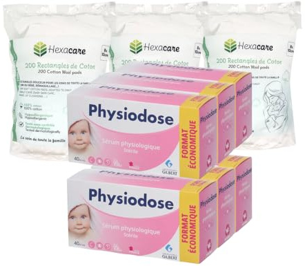 Pack PHYSIODOSE 6+3 | 6 Sérum Physiologique 40x5ml + 600 Rectangles de Cotons Hexacare 8x10cm | Hygiène Quotidienne Bébé | Format Économique