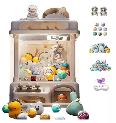 CUCUKAKA Machine Attrape Bonbon ， Machine a Pince Fete Foraine avec Musique et Lumières,2 Poupées Panda,25 Peluches,20 Gashapons ， Machine à Pinces pour Enfants Cadeaux pour Adultes Filles Garçons