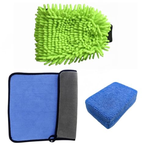 HQTS Kit Pulizia Auto Guanto Lavaggio Auto, 800 GSM Panno in Microfibra (40 x 30 cm) con Tampone lucidante