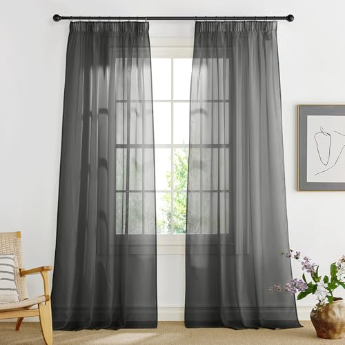 PONY DANCE Dark Grey Net Curtains 55x96 inches - Pencil Pleat Semi Transparent Sheer Voile Panels, Extra Long Lightweight Curtains for Bedroom/Living Room, Set of 2, Dark Grey