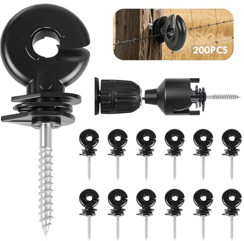 200 Stück Schwarze Weidezaun-Isolatoren, Elektrozaun Ringisolatoren Elektrozaun Isolator mit Isolator-Steckschlüssel, Zaunringpfosten, Schraubisolatoren, Elektrozaun-Zubehör für Holzpfosten