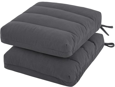 PRIMEPATIO Armchair Booster Foam Cushion Set of 2, 8cm Thick Seat Pads for Dining Chairs with Ties and Non-Slip, Overstuffed Textured Corduroy Cushion for Kitchen, Garden, 40x40cm, Dark Grey