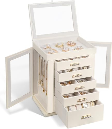 Schmuckkästchen 360° drehbar, 6 Ebenen Schmuckschatulle, Groß Schmuckkasten für Damen, Glasfenster, offenes Design, Schmuckaufbewahrung für Ringe Ohrringe Halskette Geschenkbox für Mädchen Frauen