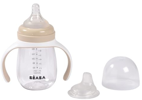 BÉABA, Biberón/Vaso de Aprendizaje 2 en 1, Vaso con Pajita Niño, 100% Estanca, Antigoteo, Fácil de Abrir, Asas Extraíbles, Tritan y Silicona, 210 ml, Arcilla