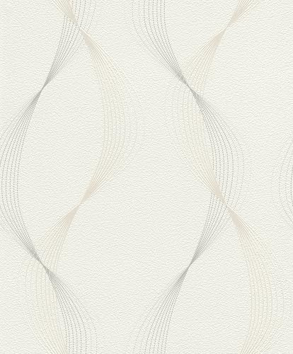 Rasch Tapete 475678 - Weiße Vliestapete mit schwungvollen und dynamischen Linien in Beige und Grau, Wellenmuster - 10,05m x 0,53m (LxB)
