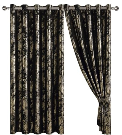 Abstract Metallic Marbled Velvet Curtain Pair - Heavyweight with Foil Print - Room Darkening Eyelet - Fully Lined for Thermal Insulation - Includes Two Tiebacks (Black, 66 x 90 (168 x 228 cm))