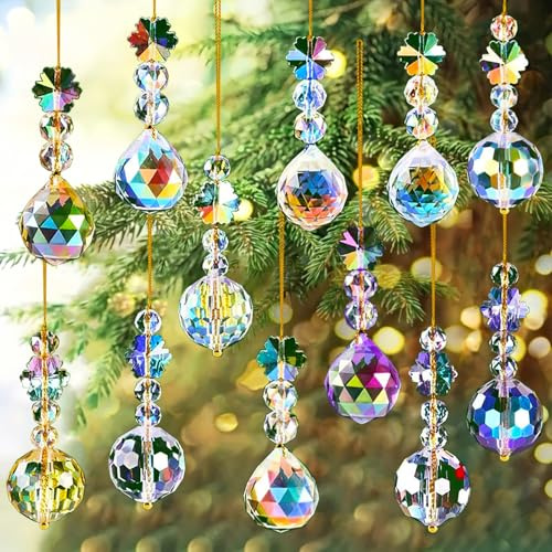 12Pcs Crystal Christmas Tree Decorations,Christmas Hanging Ornaments,Xmas Tree Decoration Set,Iridescent Glass Ball Drop Ornament For Home,Wedding Party Decor
