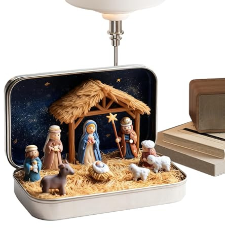 qokeeu Mini Weihnachten Krippe Set In Einer Metalldose, Weihnachten Krippenszene Set, Tragbar Taschengröße Krippenszene Figuren Dekoration, 3D Harz Mini Religiös Heilige Jesus Figuren Ornamente