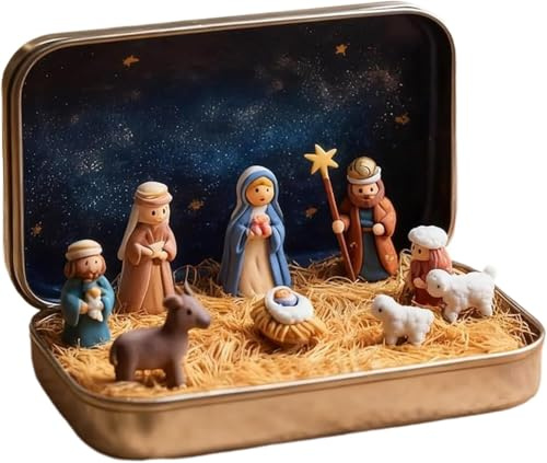Haokelai Mini Weihnachten Krippe Set In Einer Metalldose, Weihnachten Krippenszene Set, 3D-Druck Krippe Weihnachten Krippenfiguren, Mini Nativity Scene Heilige Familie Jesus Figuren Ornamente