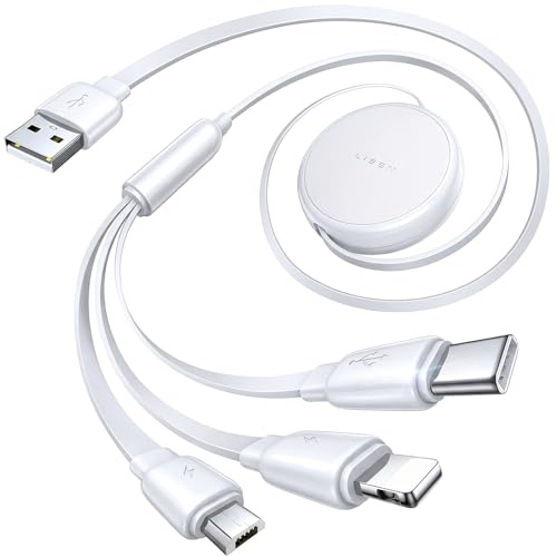 LISEN Multi Charger Cable, Retractable USB C to USB Charging Cable 3 in 1 Charger Lighting/Micro USB Cable, Travel Chargers for Multiple Devices for iPhone 17 16 15 14 Pro/Galaxy S25/Switch2, Snowy
