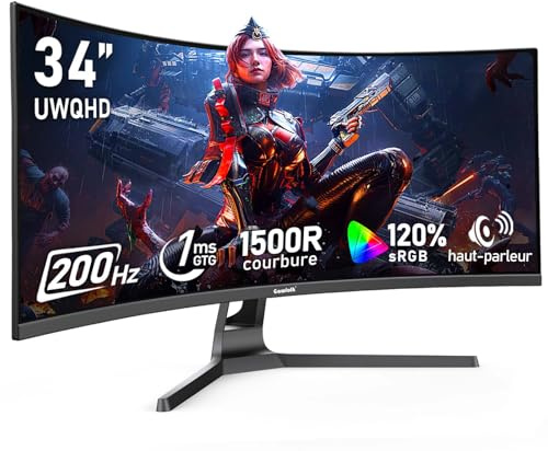 Gawfolk PC-Monitor Ultra Large 34 Zoll 1500R Curved 200Hz Gaming Computer Monitor, 21:9 UWQHD (3440 x 1440), 128 % sRGB, FreeSync, integrierter Lautsprecher, DisplayPort, HDMI, VESA 75 x 75 mm