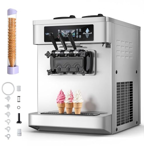 VEVOR Commercial Ice Cream Machine, 20-28L/H Yield, 2200W 3-Flavor Countertop Soft Serve Ice Cream Maker with 2 x 6L Hoppers & Built-In Puffing Pump, Pre-Cooling Low-Mix Alert for Snack Dessert Shops