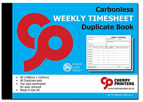 Cherry Weekly Timesheet Duplicate Book A5 S+L | 40 Carbonless Duplicate Sets | Perforated Top Copy for Easy Removal | Record Working Hours Overtime & Tasks | for Businesses Contractors & Freelancers