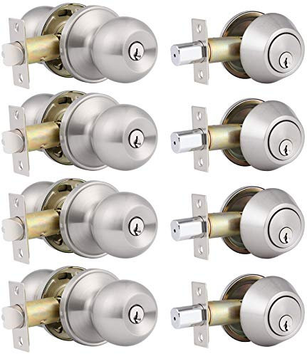 4 Pack Keyed Alike Entry Door Knobs and Single Cylinder Deadbolt Lock Combo Set Security for Entrance and Front Door with Classic Satin Nickel Finish
