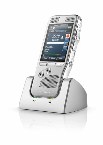 Philips DPM8200 Digitales Diktiergerät, Bedienung per Schiebeschalter, 3D-Mikrofon für ausgez. Stereo-Tonaufnahmen, Farbdisplay, Edelstahlgehäuse, inkl. Diktiersoftware SpeechExec Pro 2-Jahres-Abo