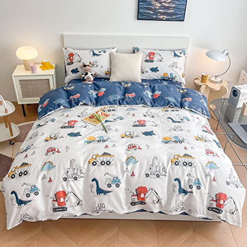 LAYENJOY Dinosaur Duvet Cover Set Queen Size, 100% Cotton, Cartoon Jurassic Animal Truck Construction on White Bedding, 1 Comforter Cover Full with Zipper 2 Pillowcases, Soft Lightweight