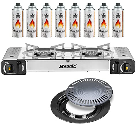 Mianova Campingkocher Doppel Gaskocher 2 flammiger Shisha Anzünder Grill Notfallkocher Kühltasche Gaskartuschen Gas Kocher Set Silber Grillplatte 8 Gasflaschen