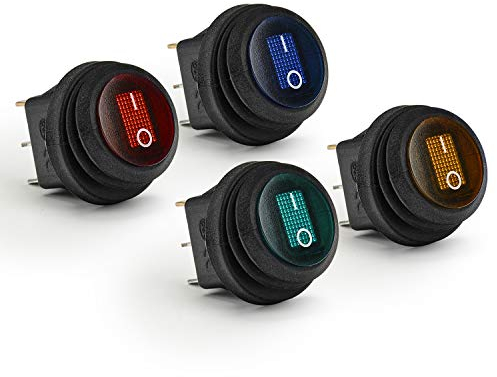 APIELE 4 Stücke Wasserdichter runde Kippschalter,2 Position EIN-Aus mit 4 Farben LED-Schalter SPST 3 Pins Wippschalter,12V 20A Taste Rocker Kippschalter Für Auto, Boot, Haushaltsgeräte KCD1-8-101NW