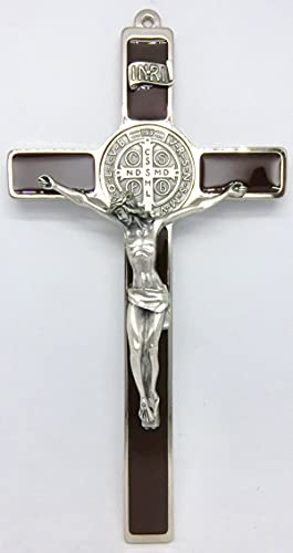 GTBITALY 10.004.11 - Cruz de San Benito ecológica, de plata esmaltada a mano, marrón, para sacerdote, exorcista, exorcismo, monja, iglesia, 20 cm