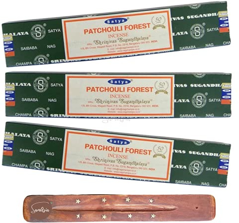 Satya Nag Champa Patchouli Forest Incense Sticks | x3 pack | with SAMASIA incense sticks holder | Used for Aromatherapy, Spa, Yoga, Weddings, Meditation, Healing, Positivity and Relaxation