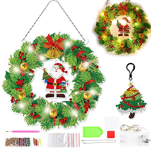 5D Diamant Malerei Set, DIY Türkranz Weihnachten mit LED Lampengürtel Schlüsselanhänger Aufhängerkette Diamantstift Weihnachten Runde Kranz Weihnachtskranz für Erwachsene Kinder Weihnachtsgeschenke