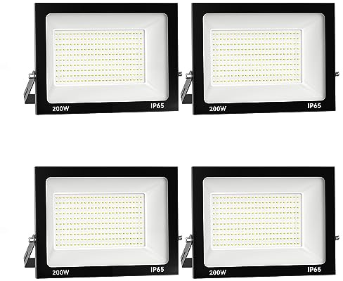 4x 200W LED Foco Exterior, IP66 Impermeable Proyector Foco LED, 6000K Blanco frío Floodlight Led Foco Proyector,100% Iluminación de Seguridad, para Jardín, Patio Pared,Patio, Camino