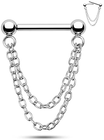CM Crareesi Mania Anneau de septum 16 g sans filetage à pousser dans le septum - Double chaîne de 8 mm - Acier inoxydable 316L - Boucles d'oreilles pour hélix - Bijoux de piercing de nez en argent et