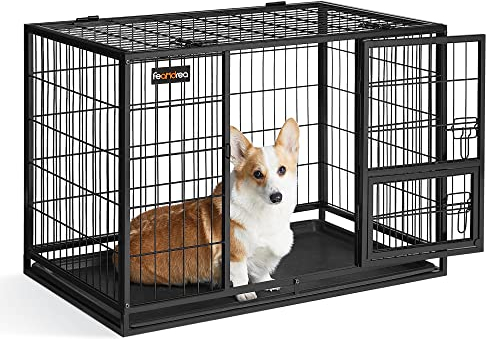 Feandrea Hundekäfig hochbelastbar, Gitterbox, transportabler Haustierkäfig, 92,5 x 57,5 x 64 cm, für kleine, mittelgroße Hunde, sicher, 2 abnehmbare Türen, Welpenauslauf, L, tintenschwarz PPD002B01