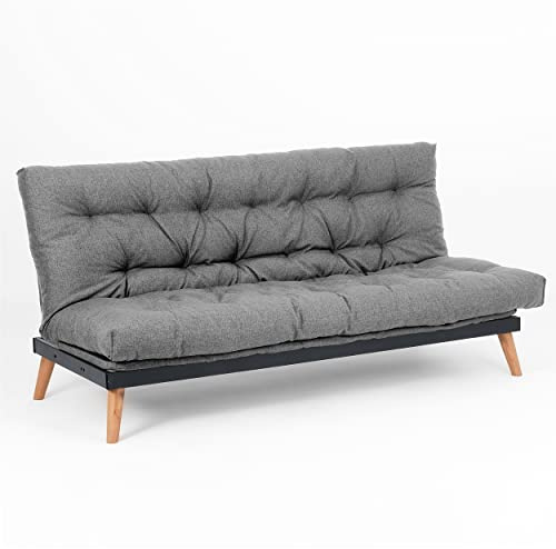 EVERGREENWEB Divano Letto 3 Posti con Materasso Futon Imbottito, Schienale e Testiera Reclinabile Clic Clac e Trasformabile in Comodo Letto una Piazza e Mezza, Tessuto Grigio, Gambe in Legno | SAKE