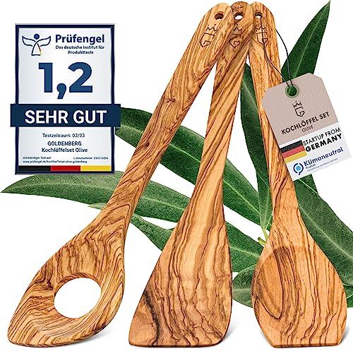 GOLDENBERG® Premium Kochlöffel Set - Made in Europe - feinstes Olivenholz aus Italien - robust, langlebig & antibakteriell -Kochlöffel Holz & Pfannenwender Holz - Kochbesteck Set