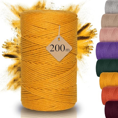 Nachhaltiges Makramee Garn 3mm x 200m – Häkelgarn für Taschen (gelb) | DIY Flechtkordel für Untersetzer, kleine Körbe etc, 100% Recycelt & Hochwertig
