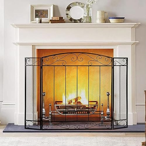GTPBAO Funkenschutzgitter Wohnzimmer-Kaminschutz, 3-teilig, Funkenschutz Aus Schwarzem Schmiedeeisen, 108 X 80cm, Zaun für Den Kamin/Die Feuerstelle Im Inneren