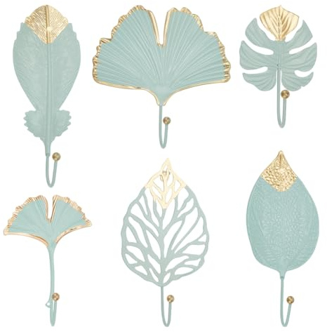 BENECREAT 6Pcs Painted Iron Wall Hooks, Light Green Non-Punched Wall Hooks, Decorative Leaf Iron Hooks Botanical Single Claw Coat Rack for Room, Living Room Decoration