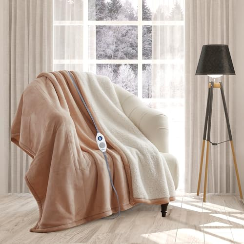 rejuvopedic Electric Heated Blanket Throw Fleece Sherpa EXTRA LONG 180cms, (Coffee) 9 Heat Settings, Auto Shut Off, Machine Washable