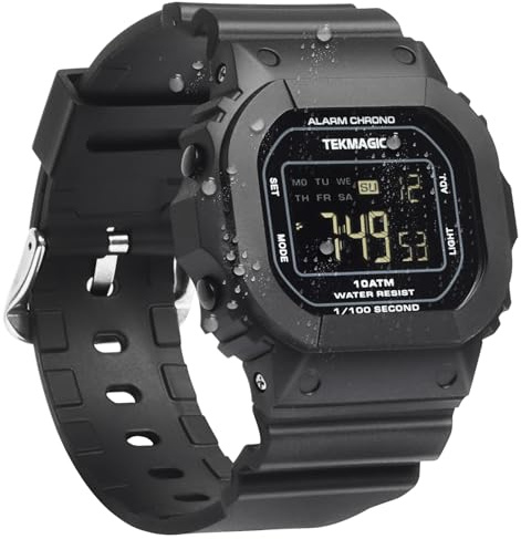 TEKMAGIC Digitale Herren Armbanduhr Geeignet zum Schwimmen und Tauchen 10 ATM 100 Meter Wasserdicht mit Hintergrundbeleuchtung, Wecker, Stoppuhr, Kalender, Dualzeitanzeige