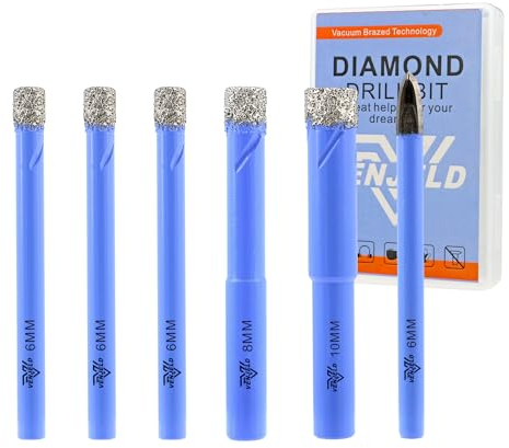 VENJELD Set Punte Trapano Diamantate - 6/6/6/8/10mm 5 Pezzi Punte per Piastrelle e 1 Pezzo 6mm Trapano al Carburo per Ceramica Porcellana Marmo Granito - Gambo Tondo con Custodia