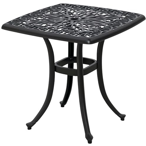 Outsunny Square Kleiner Gartentisch, Garten-Couchtisch aus Aluminiumguss mit Sonnenschirmloch, Beistelltisch für Terrasse, Balkon, Poolbereich, 53 x 53 cm, schwarz