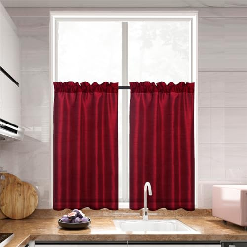 GYROHOME Tende trasparenti in finta seta rossa, con tasca per asta, per cucina, soggiorno, bagno, piccole finestre, lavanderia, 2 pannelli, 66 x 114 cm