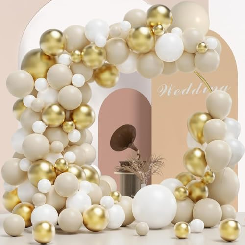 Luftballon Girlande - 125 Stück, Beige-Weiß-Gold, Sand-Weiß-Creme-Weiss Nude Konfetti, Golden für Geburtstag, Hochzeit, Babyparty Dekoration