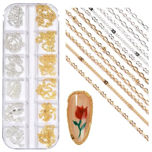 NICENEEDED 12 tiras de Cadenas Metálicas para Decoración de Uñas, Cadena de Joyería de Uñas de Oro Plateado, Cadenas de Uñas de Aleación Dijes de Uñas Punk Adornos de Uñas Joyas