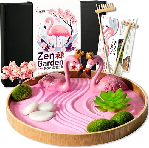 Flamingo Zen Garden Kit for Desk, Cute Japanese Flamingos Gifts for Women, Mini Zen Garden Sand Tray, Pink Room Decor Aesthetic, Home Office Desk Decorations, Sand Therapy Kit